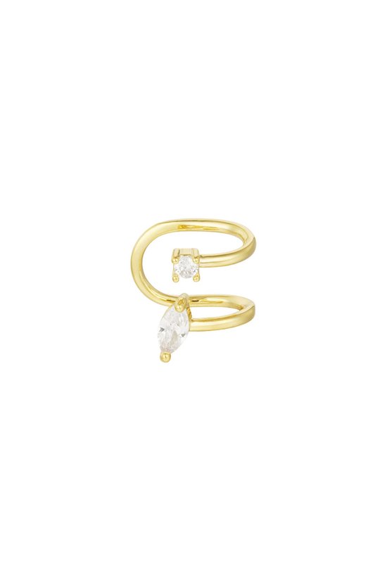 Gouden earcuff met een vierkante en een druppelvormige zirkonia.