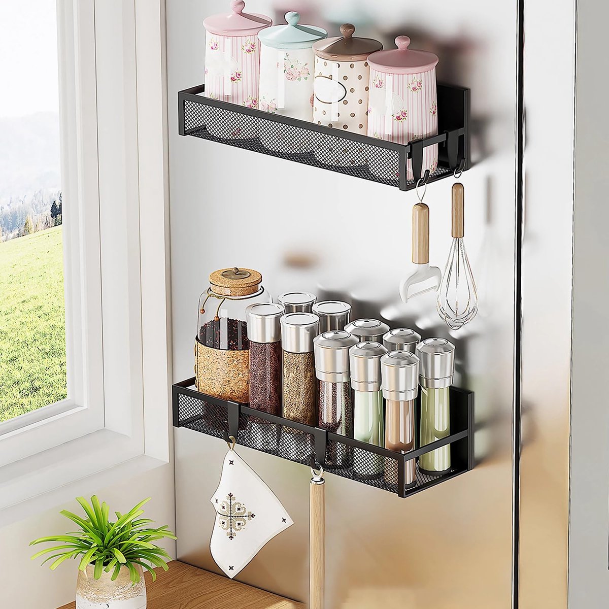 Kruidenrek voor koelkast - Set van 2 - Magnetisch rek met 10 haken - Keukenorganizer