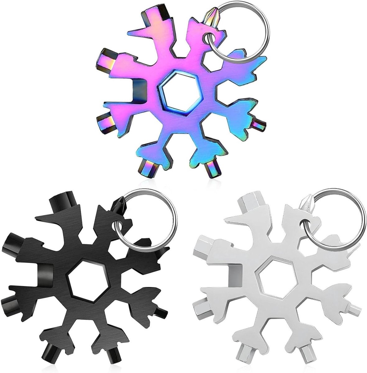 Multifunctioneel Gereedschap - Sleutelhanger Gereedschap - Outdoor Avonturen - 18-in-1 Sneeuwvlok - 3 Stuks - Meerkleurig