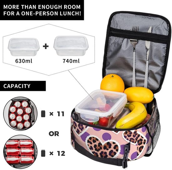 Lunch Tas - Koeltas Picknick - Maaltijden Warm Houden - Verdikte Isolatie - 6 Liter - Luipaard Harten Paarse Stippen — afbeelding 2