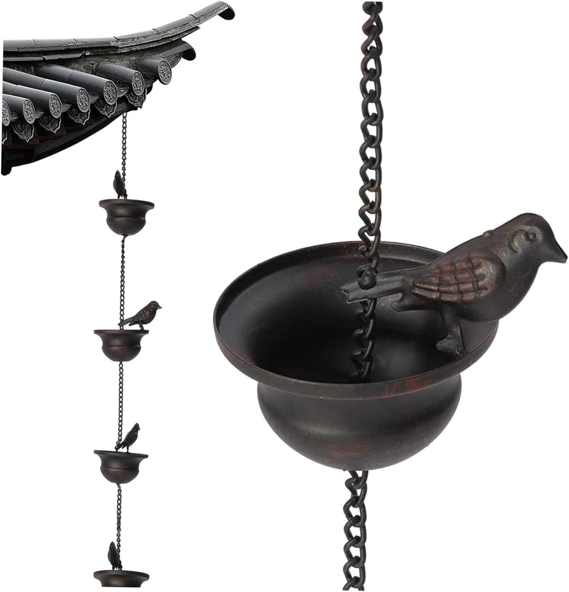 Regenketting - Vogelbadjes - Tuindecoratie - Roestbestendig Metaal - 240 cm - Antiek Zwart