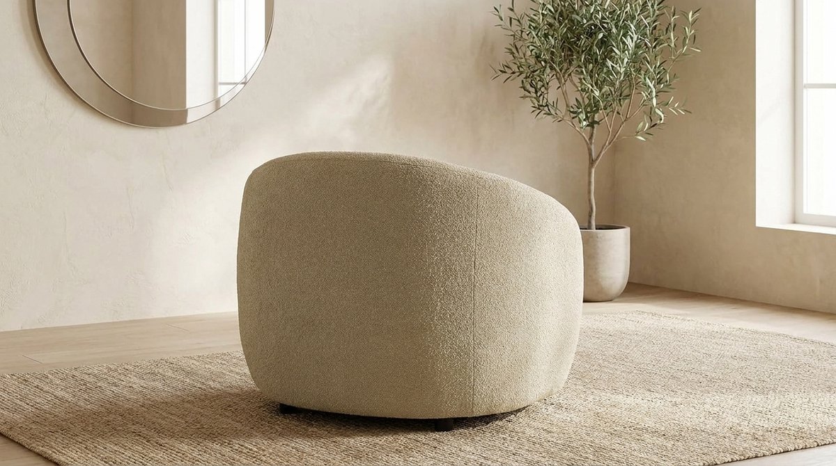 Fauteuil – Industrohome Luxe Bouclé Woonkamer Fauteuil Beige – Design Armstoel / Leesstoel met Comfort Zitting – Modern Lounge Stoel met Golfvering & Stevige Rugleuning – Vrijstaand Scandinavisch Accent Meubel