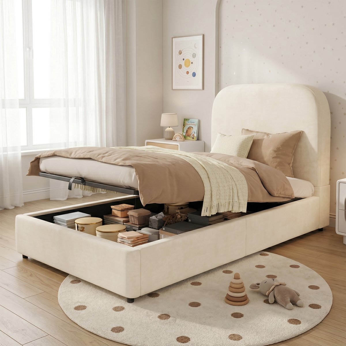 KOMHTOM Gestoffeerd bed, eenpersoonsbed, kinderbed 90 x 190 cm, hydraulisch functioneel bed, bed met lattenbodem, hoofdeinde en grote opbergruimte, gestoffeerd hoofdeinde, fluweel, beige