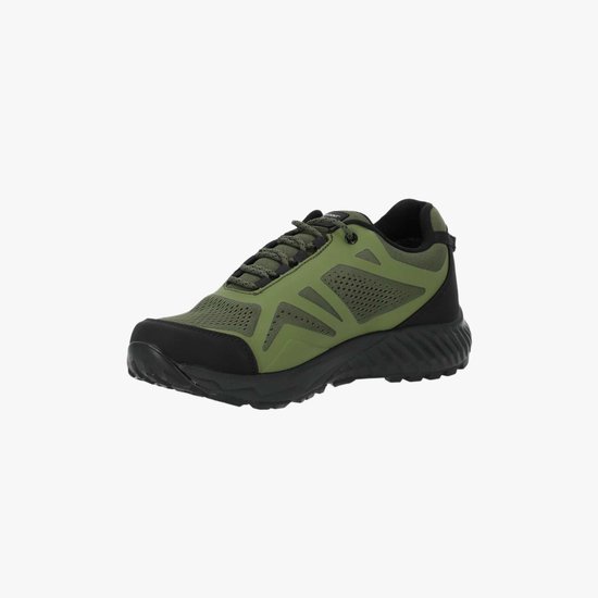 Groene wandelschoen met zwarte zool en achterkant. Gemaakt van mesh.