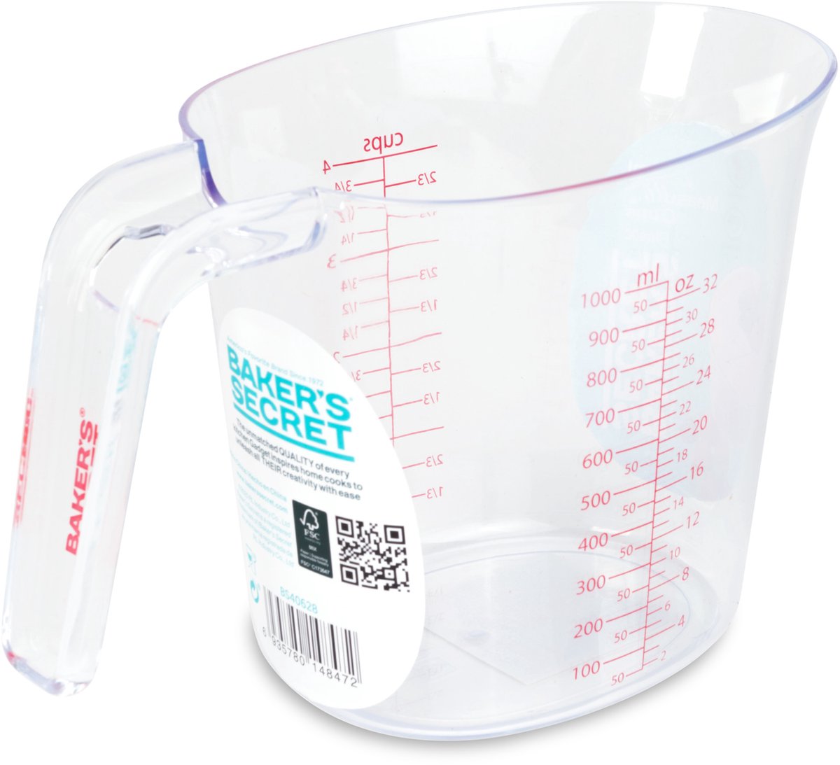 Maatbeker 1 Liter Transparant - Kunststof Maatkan met Handgreep en Schenktuit - BPA Vrije Mengbeker met ML - OZ en CUP Aanduiding - Keuken Maatbeker 1000 ml - Vaatwasserbestendig [BS40628]