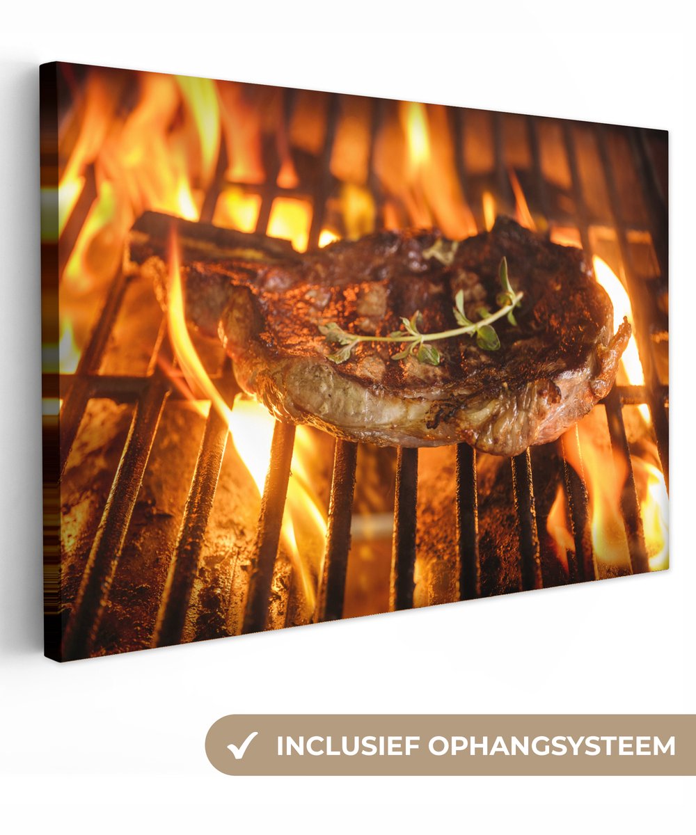 Canvas schilderij 60x40 cm - Wanddecoratie BBQ - Vlees - Kruiden - Muurdecoratie woonkamer