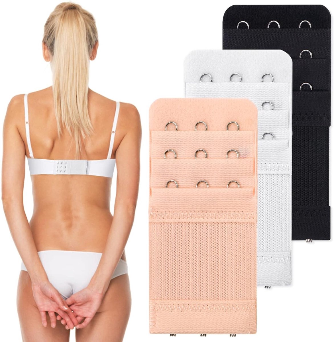 Set van 3 bh-extenders voor dames in zwart, wit en Beige - Verleng je bh voor optimaal comfort