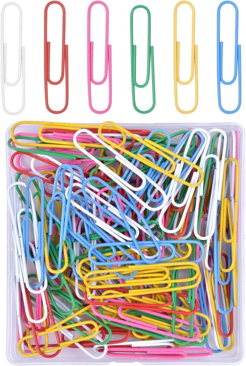 Dailygoods- Paperclips Set van 100 - 50mm Grote Paperclips - Metalen/Vinyl Gecoate Paperclips - Roestbestendig - Veelkleurig - Doorzichtige Opbergdoos - Kantoorbenodigdheden