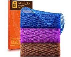 Set van 3 Lange Exfoliërende Douchesponzen - Afrikaanse Badnet voor Rug en Lichaam - Voor Glere Huid