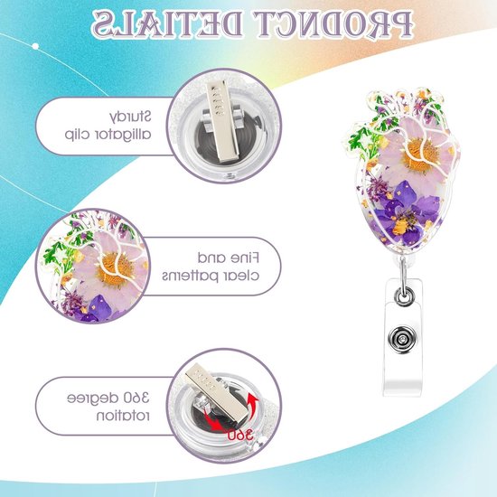 Drogende Bloemen Badge Reel met Krokodillenclip, Retractable Hart ID Houder, Schattige Bloemige Resin Naamtag voor Verpleegkundigen en Zorgprofessionals — afbeelding 3