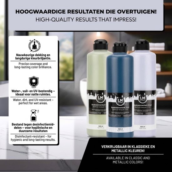 Drie flessen LM-Kreativ badkuip lak in groen, blauw en wit, met informatie over dekking en waterbestendigheid.
