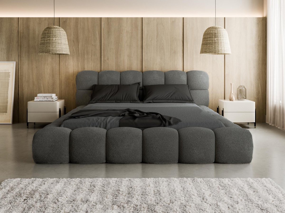 Compleo24 - gestoffeerd bed, Tweepersoonsbed, Bubble bed, Bouclé-Gewebe-Grafiet- 140x200