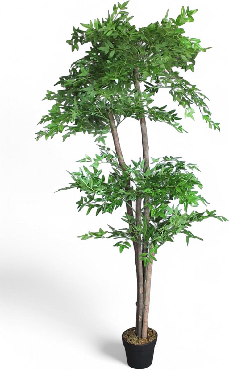 Kunstplant Bamboe - Decoratieve boom - Ruimte verdeler - Echte houten stammen - 190 cm hoog - Lentegroen