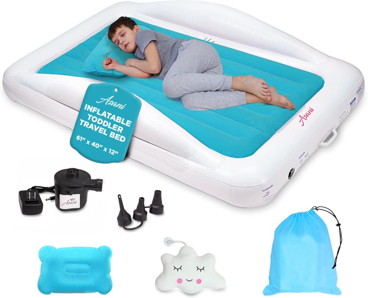 Opblaasbaar Kinderbed - Reisbed Luchtbed - Veilig Slapen - Inclusief Elektrische Pomp - 155 x 98 cm - Blauw