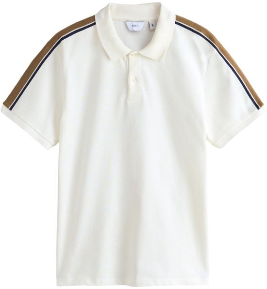 Crème poloshirt met korte mouwen, kraag en strepen op de schouders en mouwen.