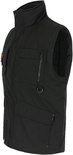 Zwart bodywarmer, zijaanzicht. Hoge kraag, vier zakken op de voorkant: twee met klep en twee met rits. Rode stiksels.