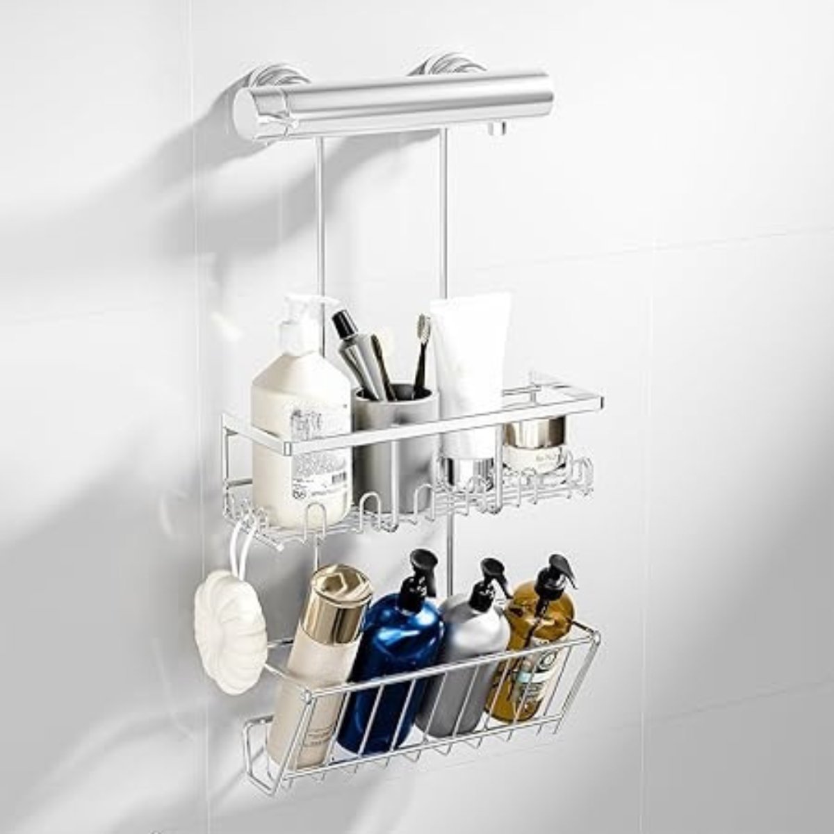 QIN® Doucherek aan Douchewand - Doucherek Zonder Boren - Doucherek Hoek - Zilver - 10cm x 28cm x 54cm