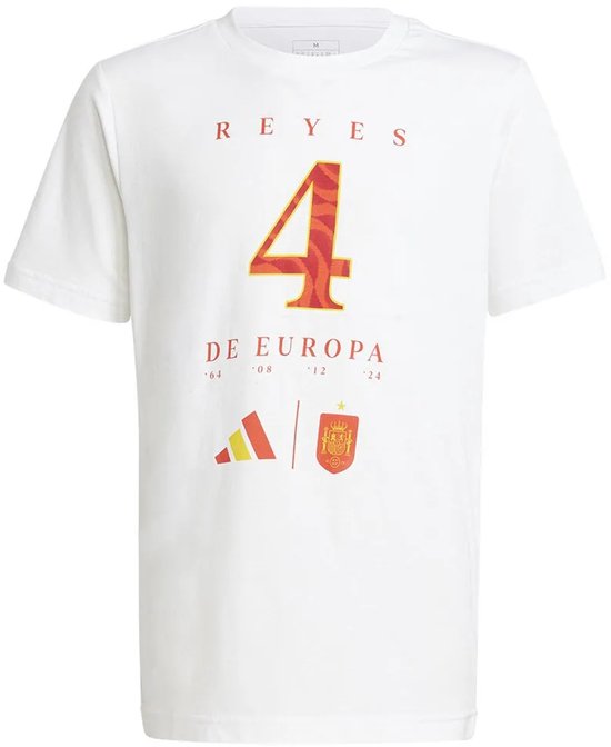 Wit Adidas T-shirt met rode en gele 'REYES 4' en 'DE EUROPA '64 '08 '12 '24'.
