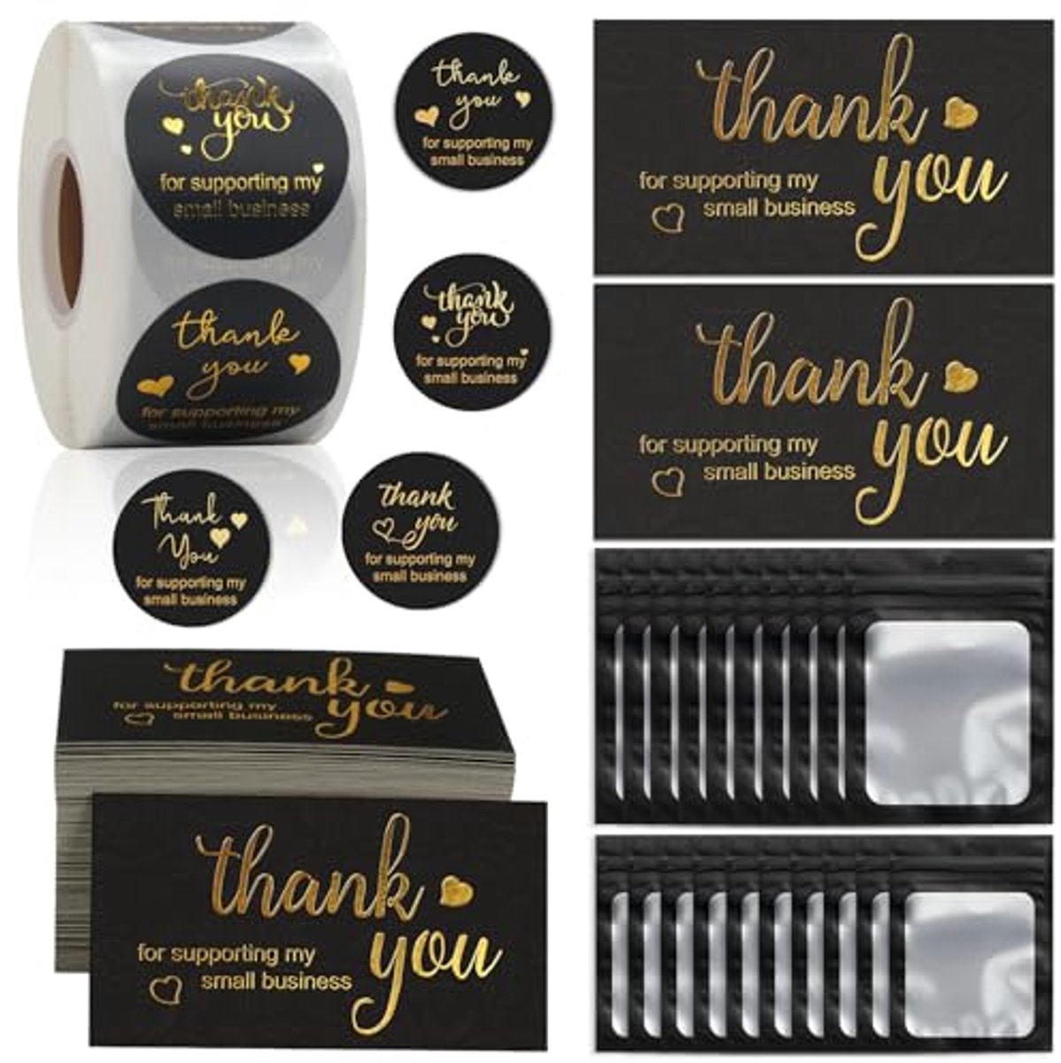 Bedankkaarten en stickers - Zakelijke kaarten - Kleine bedrijven - Goudfolie accent - 620 stuks - Zwart
