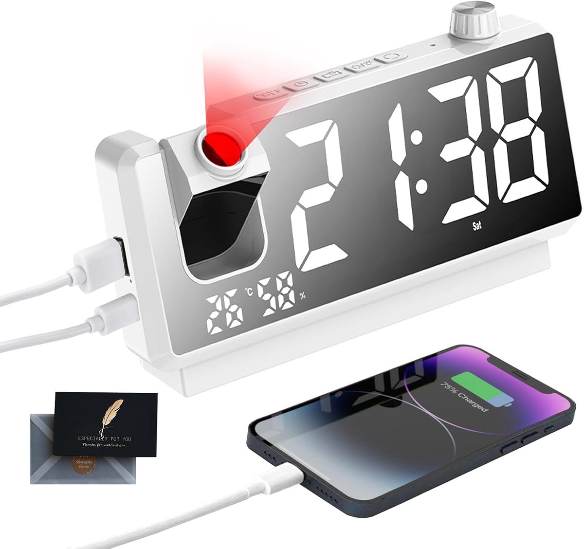 Digitale Wekker - Projectieklok LED - Tijd Tonen - Dubbele USB Poorten - 7 Inch Display - Wit