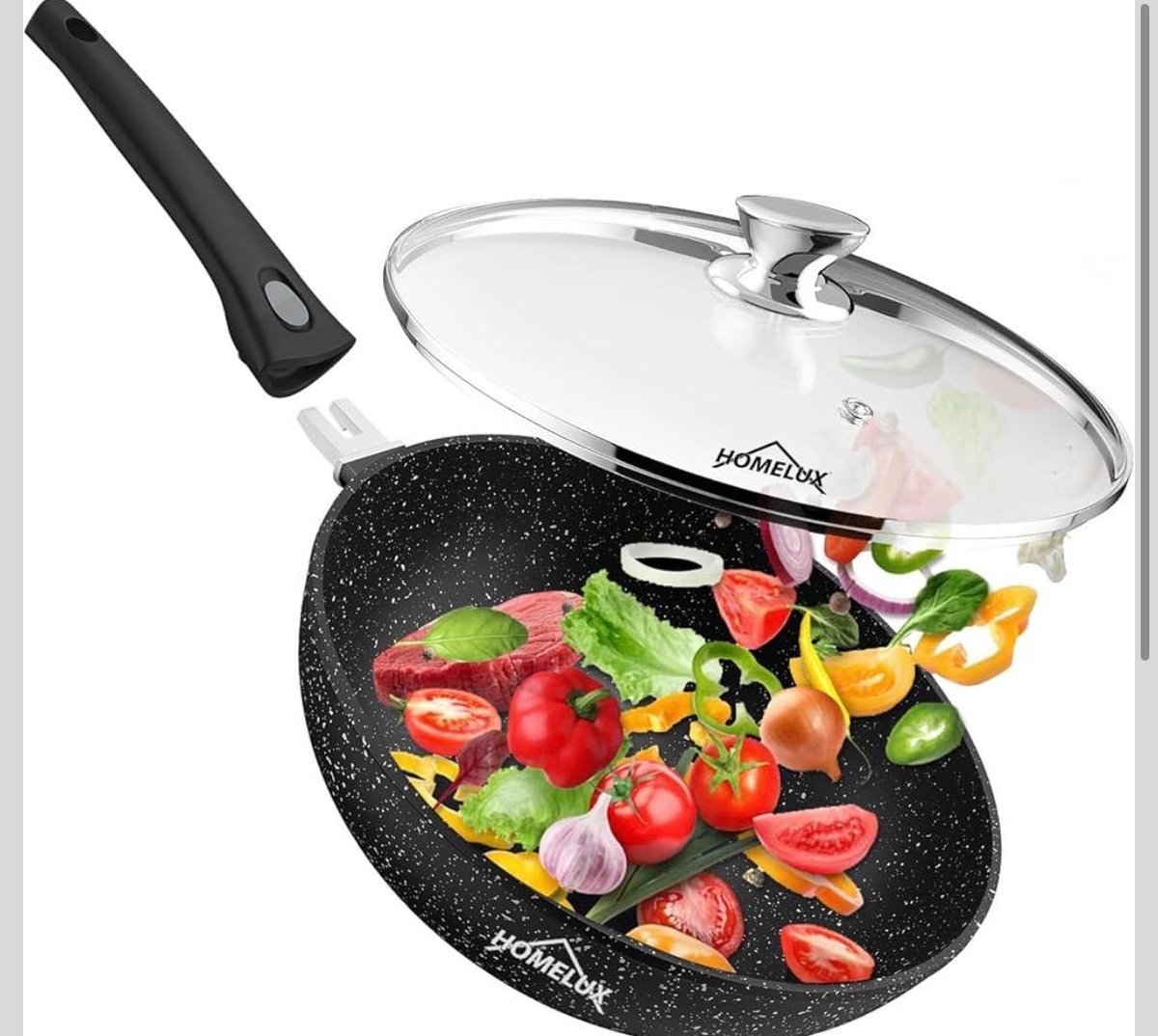 Homelux Wokpan 28 cm met Deksel – Dieppan met Afneembare Handgreep – Anti-aanbaklaag – Geschikt voor Inductie, Gas, Elektrisch, Keramisch en Halogeen , Wokpan, geschikt voor inductie, afneembaar handvat, deksel, 28 cm, antiaanbaklaag