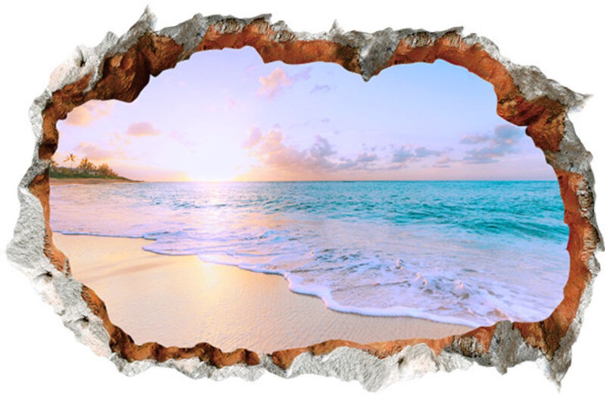 3D Muursticker Vakantie-eiland (60x40 cm) | Zelfklevende muursticker geschikt voor een strand, zee, oceaan en palmbomenlandschap | geschikt voor het decoreren van woonkamers, slaapkamers, keukens
