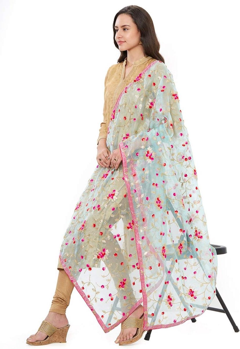 Organza Sjaal - Dames Sjaal - Feestelijke Outfit - Borduursel - One Size - Zeegroen