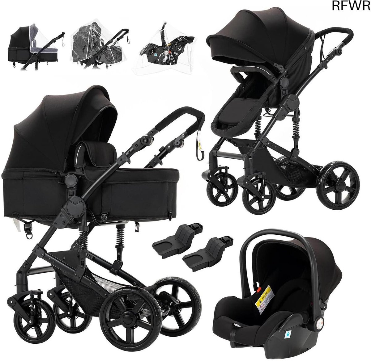 Drieling Kinderwagen - 3-in-1 Reiswieg - Comfortabel Reizen - One-Click Inklapbaar - 82x30x52 cm - Zwart
