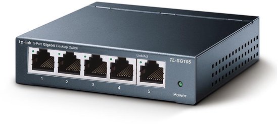 TP-Link TL-SG105 5-poorts Gigabit Desktop Switch, grijs, met 5 Ethernetpoorten en stroomindicator.