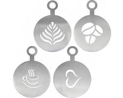 Koffie Stencils - Barista Accessoires - Latte Art Maken - 4 Unieke Patronen - 12 x 8.5 cm - Zilver