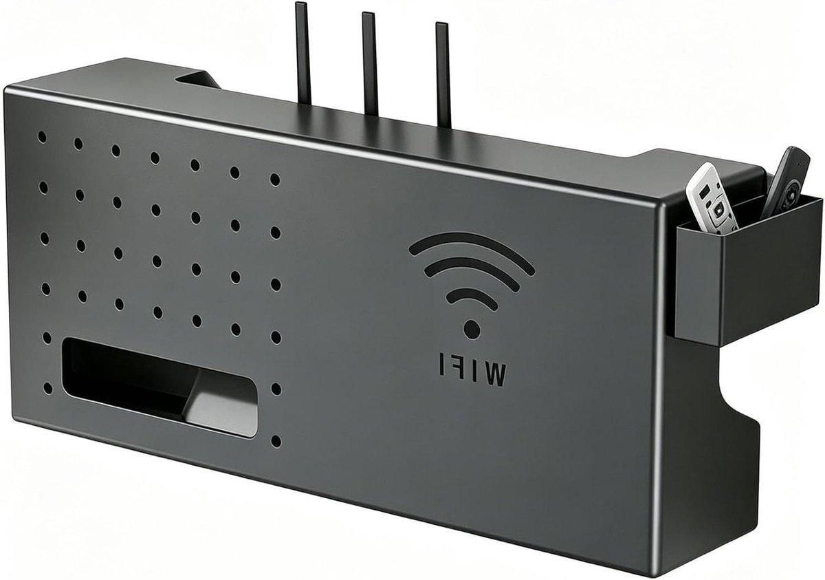 Router Opbergdoos - Wandrek Organizer - Ruimte Besparen - Beschadigingsvrije Montage - 46 x 26 x 16 cm - Zwart