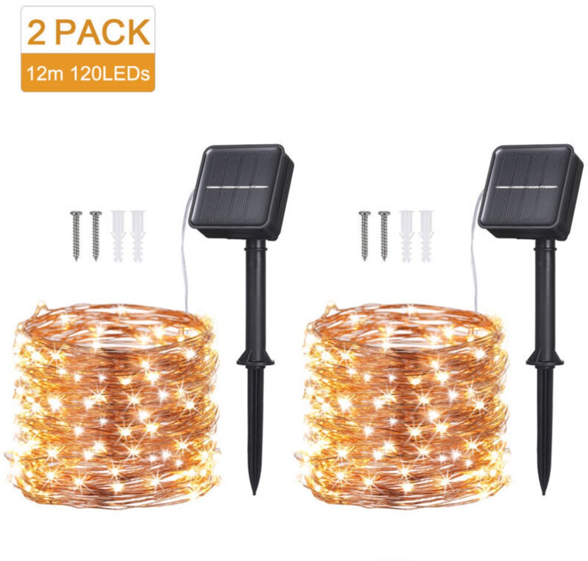 Set van twee solar lichtsnoerengeschikt voor buiten, 12 geschikt voorer lang, 120 LED-lampjes, waterdicht ontwerp, 8 lichtstanden, geschikt voor tuinen, terrassen, binnenplaatsen, huizen, Kerstmis, bruiloften, feesten, enz. - Warm wit licht