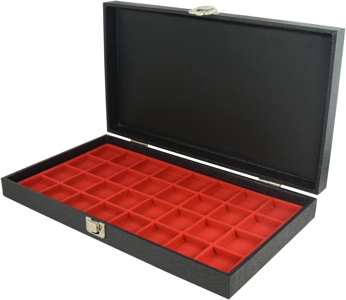 Houten Display Koffer - Luxe Opbergkist - Sieraden Presenteren - 32 Rode Vakken - 37.5 cm Lengte - Zwart