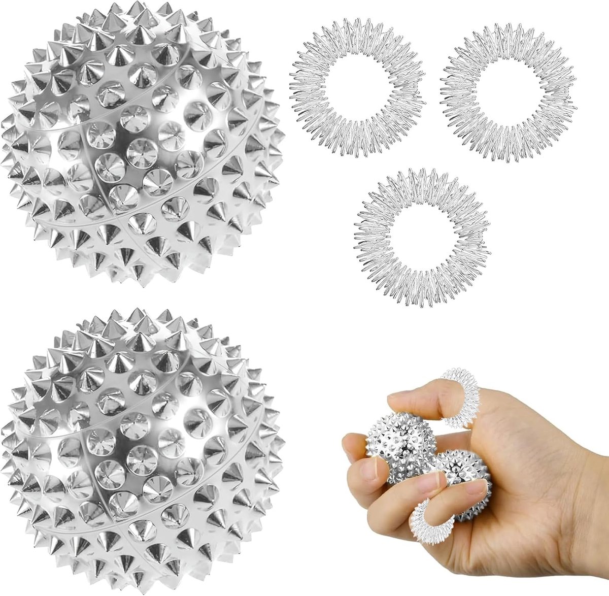 Panic Attacks - Acupressure Ring - Borderline Skills - Hedgehog Ball Metal - 32mm Diameter - Stress Relief of Massage Set (Silver)