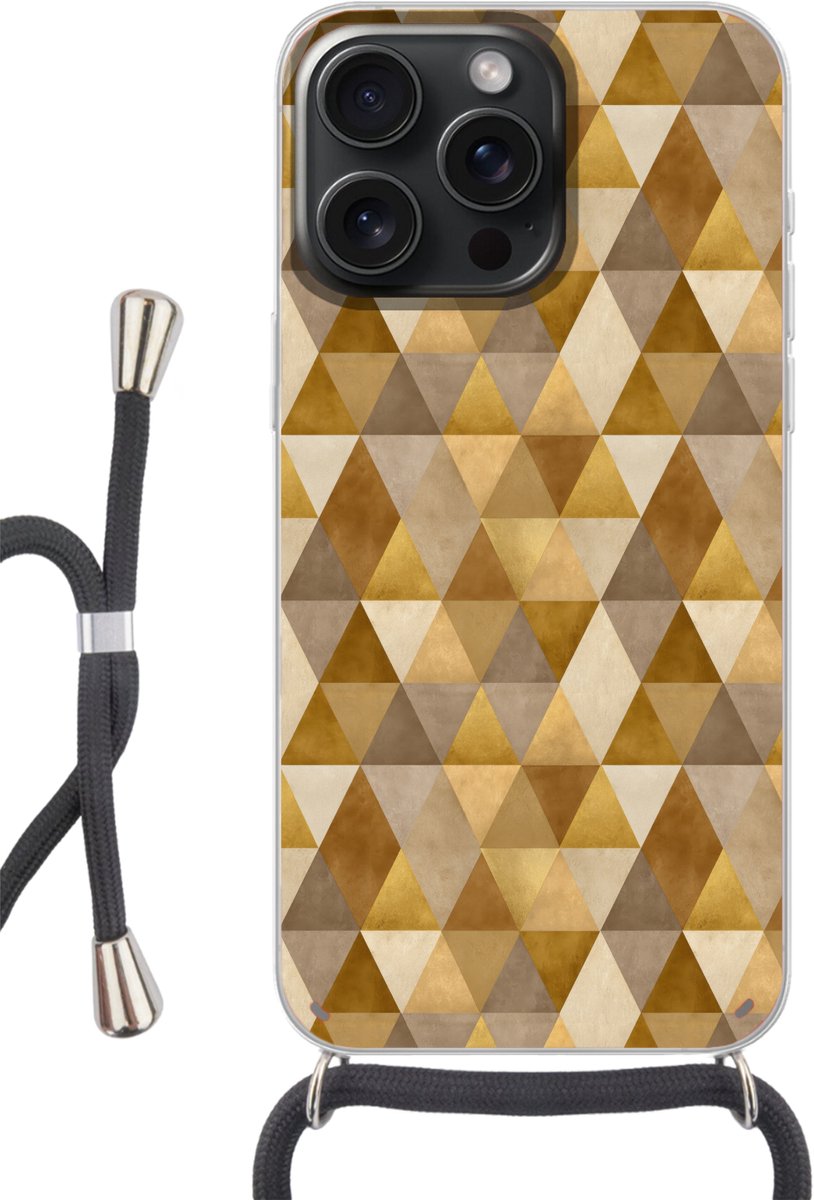 Telefoonhoesje Geschikt voor iPhone 15 Pro Max - Geometrisch - Driehoek - Goud - Siliconen - Crossbody - Backcover met Koord - Telefoonhoesje met koord - Hoesje met touw Telefoonhoesje