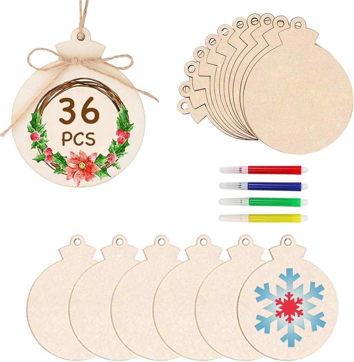 36 houten kerstballen voor knutselen - schilderen met jute touw en stift - kerstboomdecoraties - houten hangers - creatieve kerstversiering
