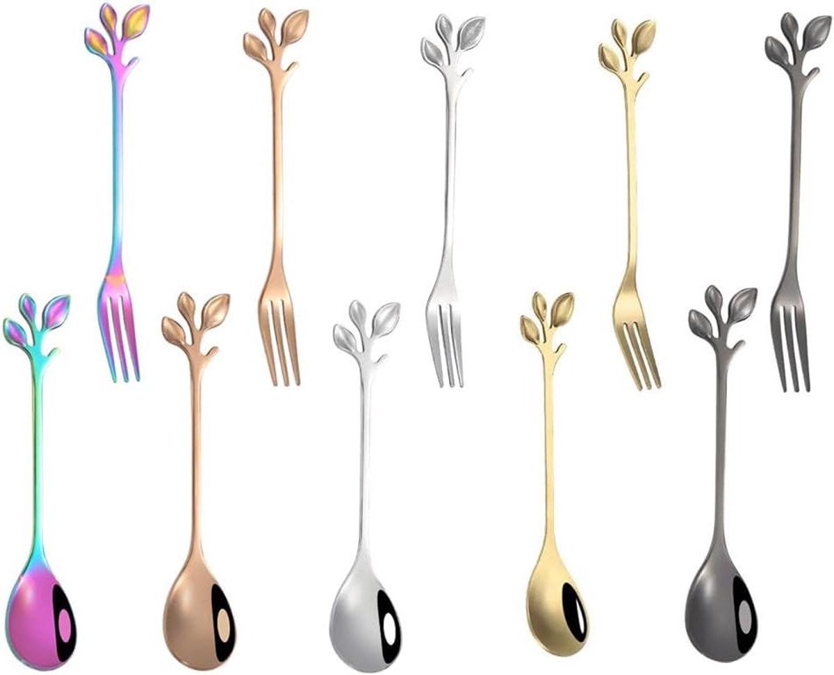 Lepel Vork Set - Bestek Set Dessert - Koffie Roeren - Creatief Blad Design - 12 cm - Mix