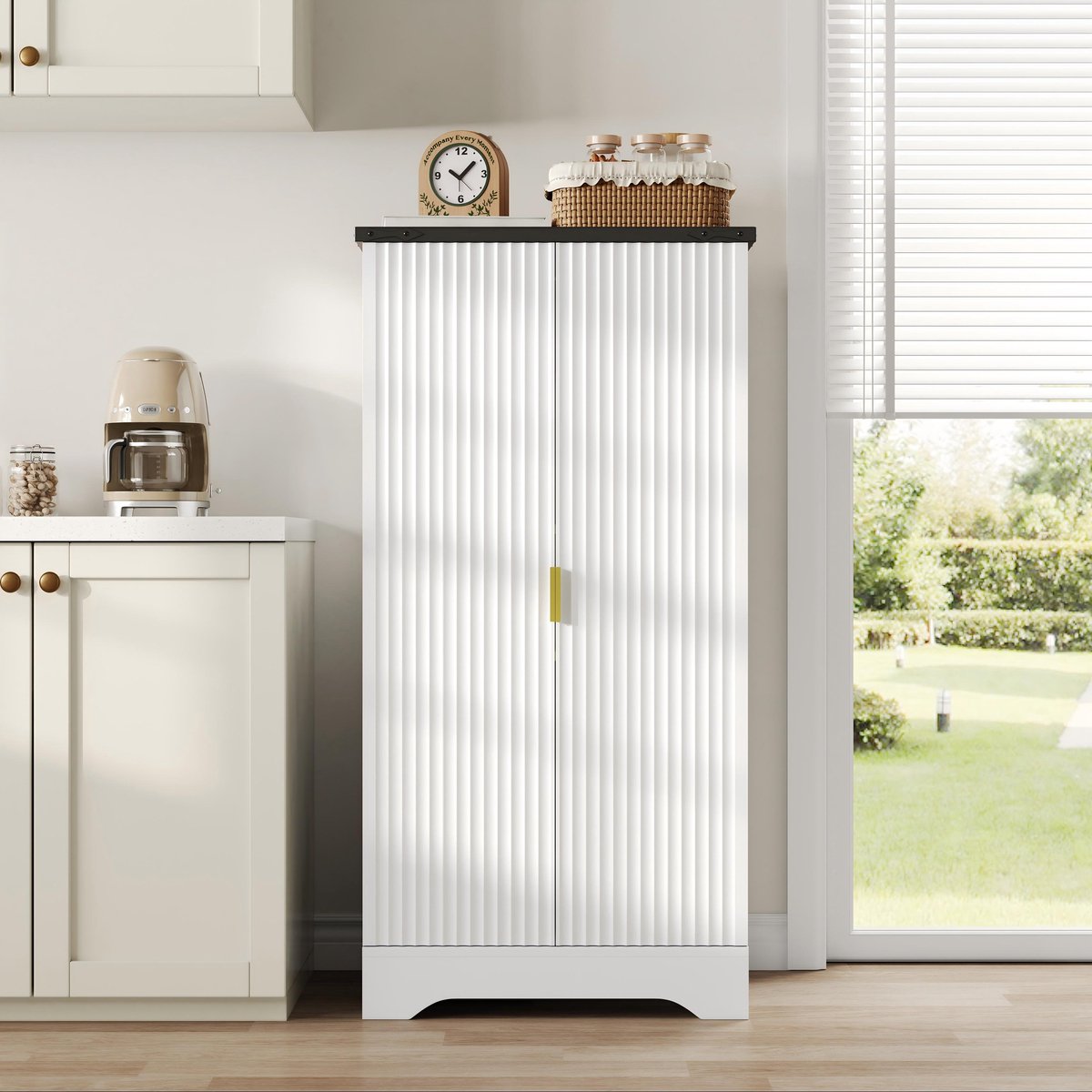 Keukenkast met led-sensorverlichting en kruidenrek – Ruime kast met dubbele deuren – Met verstelbare legplanken en een modern deurontwerp – Wit – 120 x 60,5 x 40 cm