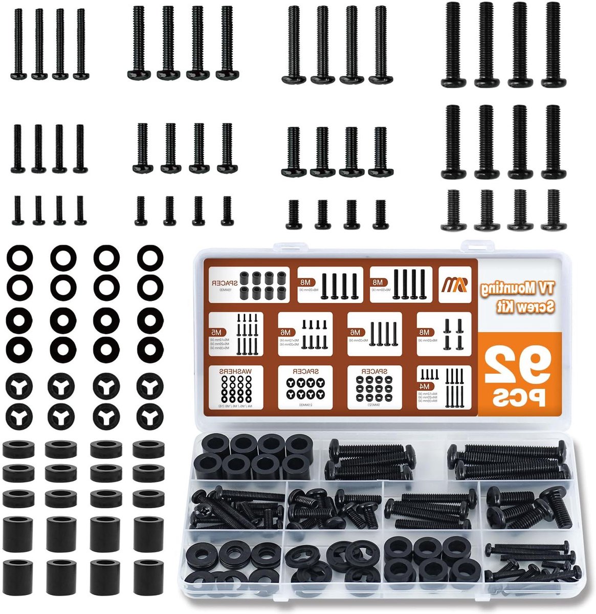 TV Montage Set - TV Schroeven Kit - TV Ophangen - 92 Delige Set - M4 M5 M6 M8 - Zwart