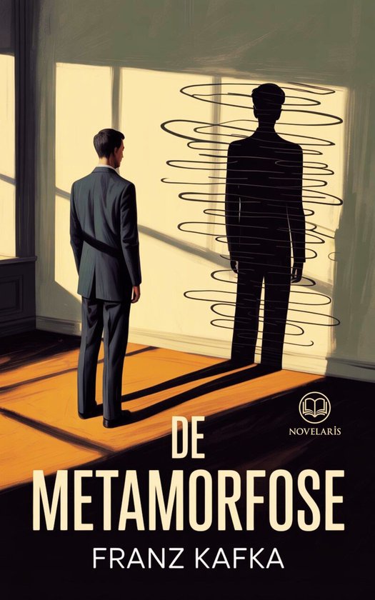 Couverture de 'La Métamorphose' de Franz Kafka : un homme en costume face à un mur avec sa silhouette, entouré de lignes.