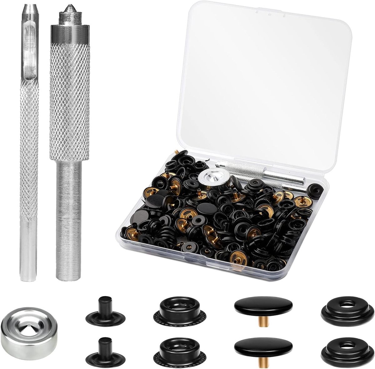 200 Stuks 15mm Metaal Drukknopen voor Leer, Ideaal voor Kleding, Tassen en Stofreparaties - Rvs Snap Button Set voor Jeans en Accessoires (Zwart)