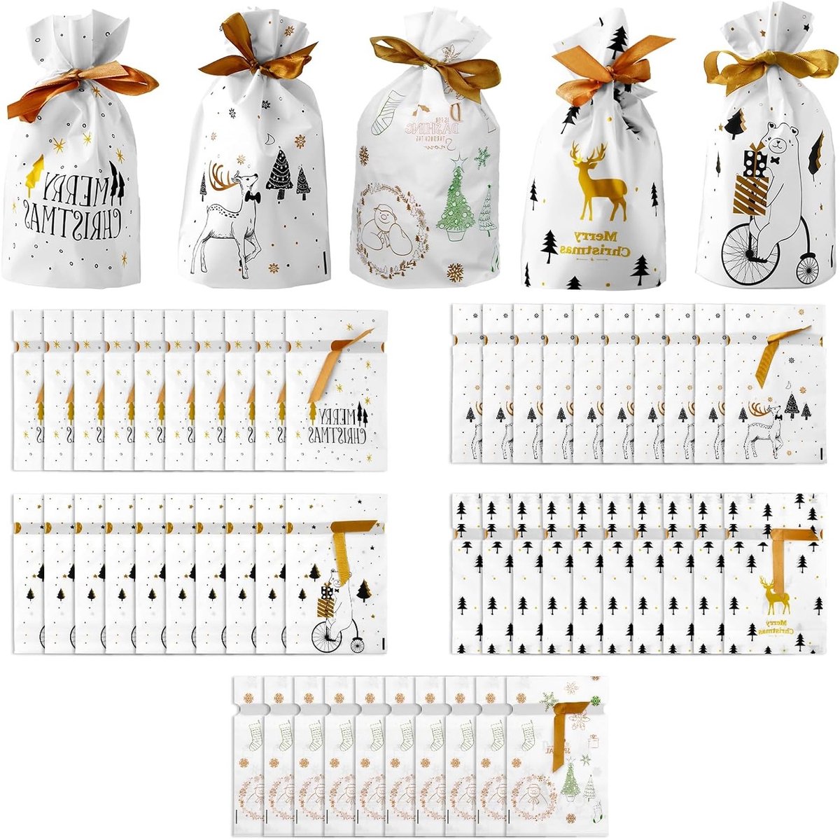 50 Stuks Kerst Trekkoord Cadeautasjes, Feestelijke Verpakking voor Snoep, Koekjes en Meer, Diverse Kerstpatronen voor een Sfeervolle Decoratie