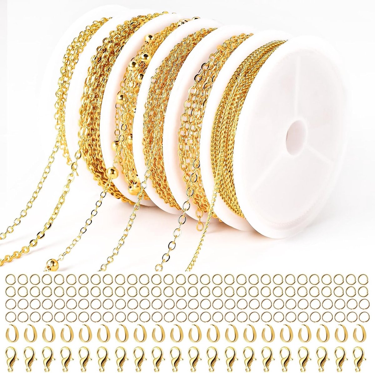 14 meter gouden schakelketting, 6 rollen met ringen en karabijnsluitingen, sieraden maken, DIY kettingen en accessoires voor juwelen maken