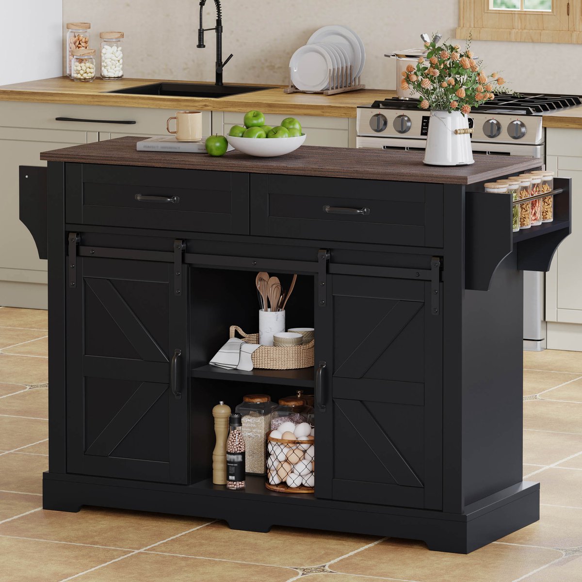 MODENUIT Keukeneiland - Klapbaar Werkblad En Schuifdeuren - Voor Keuken En Eethoek - MDF - 120x45x91 Cm - Zwart