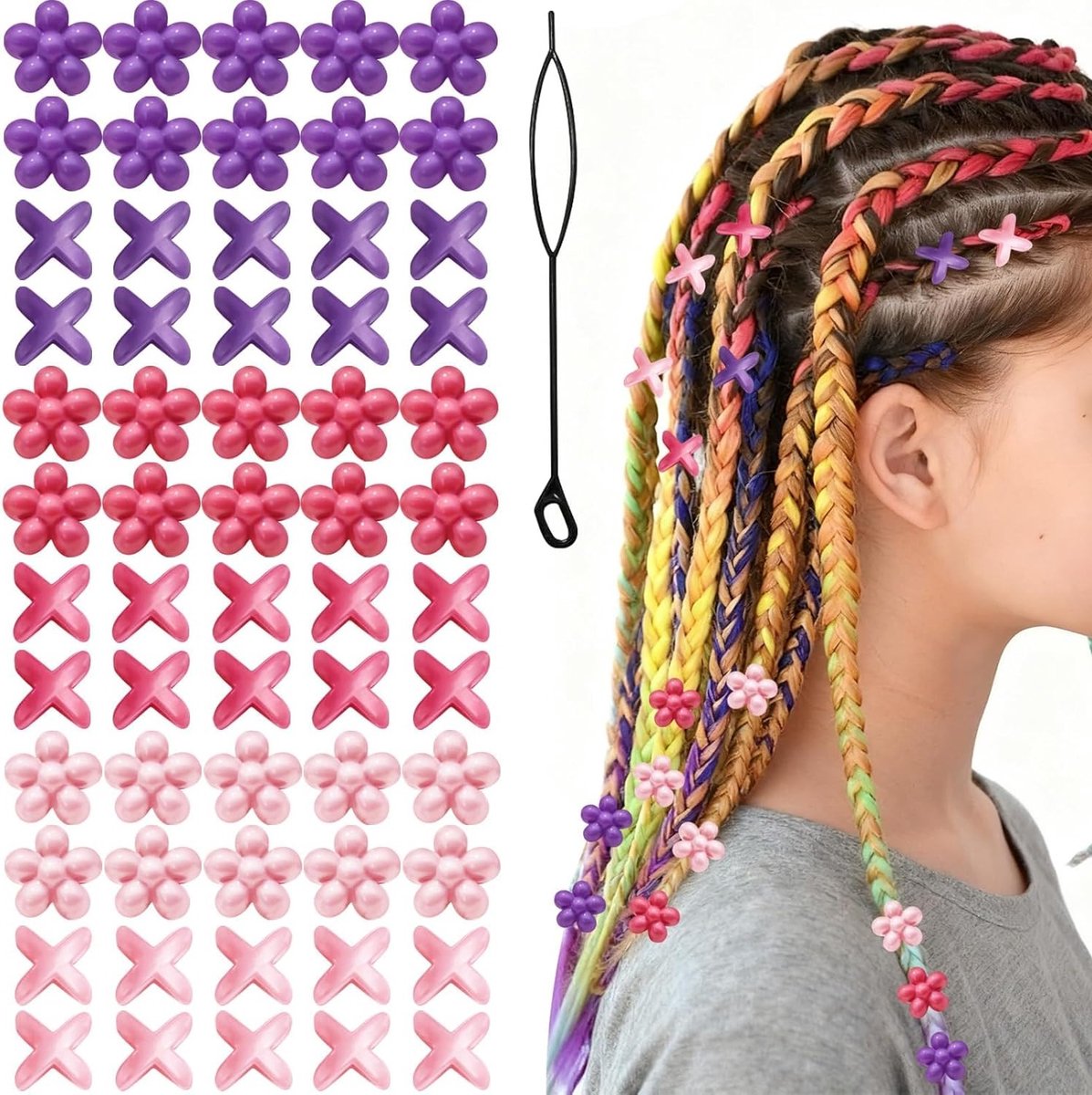 60 Stuks Driekleurige Vlecht Haarbedels, Roze Haaraccessoires voor Vrouwen, Schattige Clip-on Beads, Dreadlock Clips en Bloemen Haarbedels voor Creatieve Hairstyling