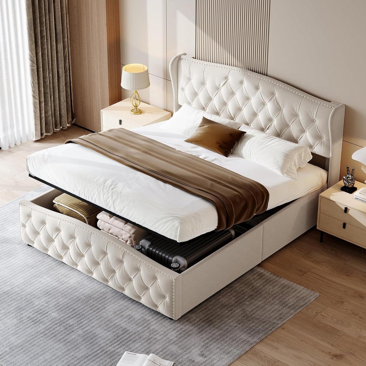 Gestoffeerd Bed - Tweepersoonsbed Frame - Slaapkamer Inrichten - Hydraulische Opbergruimte - 140x200 cm - Beige