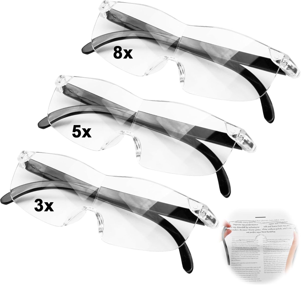 Pack of 3 300% 500% 800% Magnification Glasses - Reading Magnifiers - Senior Reading Aid - Anti-Blue Light - Sewing - Cross Stitch - Model Making