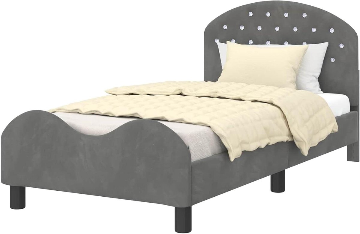 Kinderbedframe met Hoofdbord - Jongensmeubels Meisjesmeubels - Kinderkamer Inrichten - Praktische Opbergvakken - 80 x 160 cm - Donkergrijs