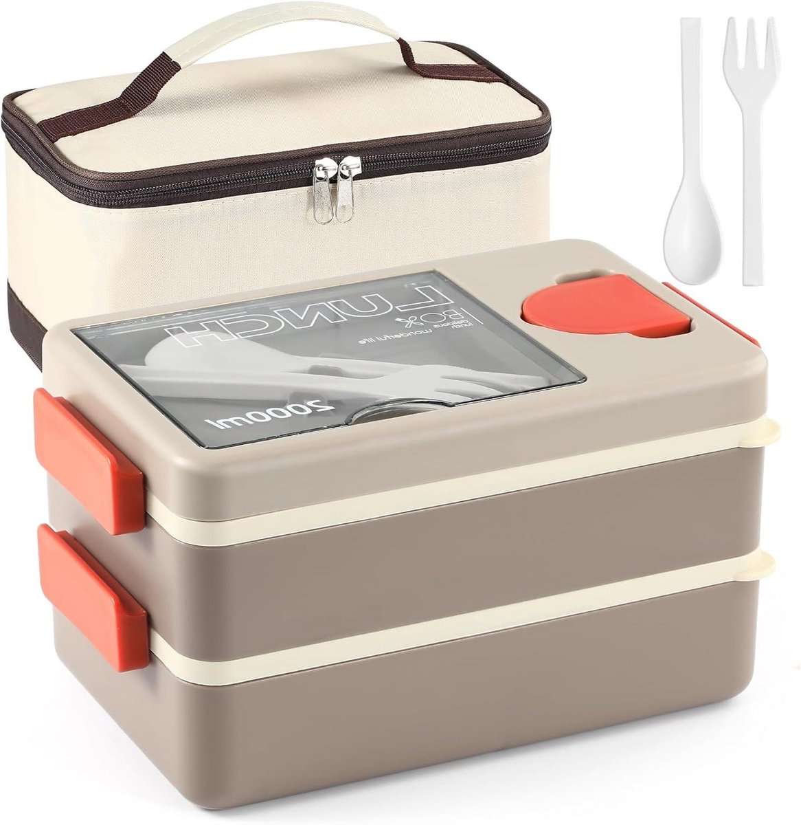 Bento Box - Lunchbox Stapelbaar - Maaltijd Meenemen - Telefoonhouder Functie - 2 Liter - Beige