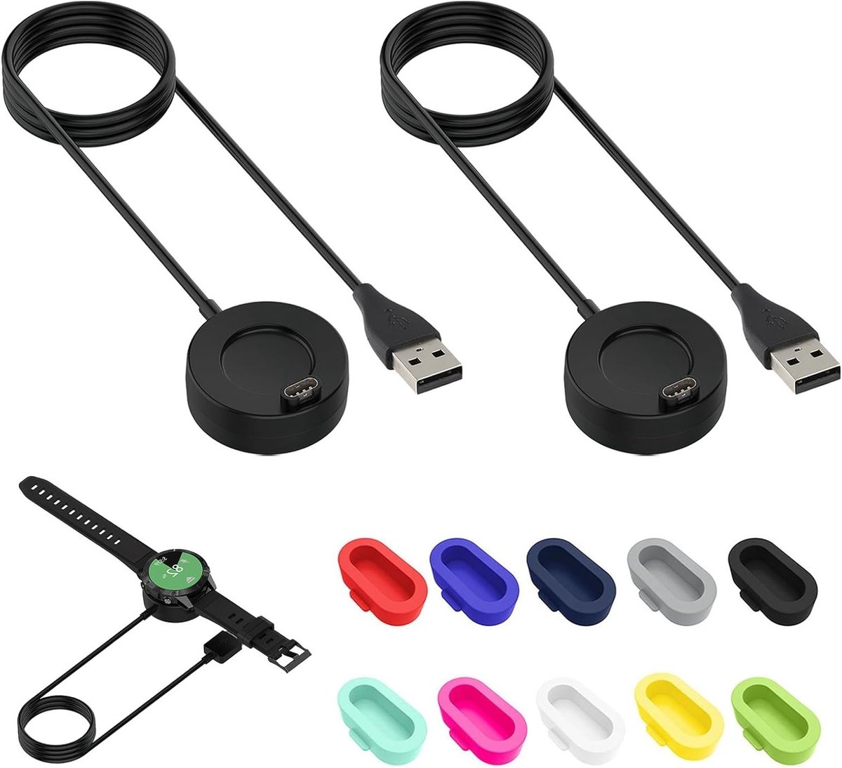 Oplaadkabels voor Garmin Horloges - 2 Stuks USB A Lader voor Fenix 5S, Vivoactive 4S, Forerunner en Venu met 10 Stofdoppen